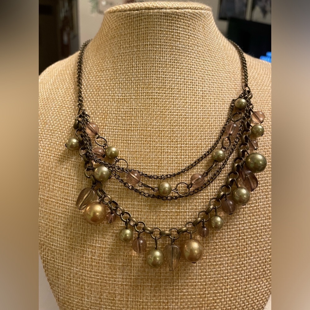 Layered pearl and bead metal necklace